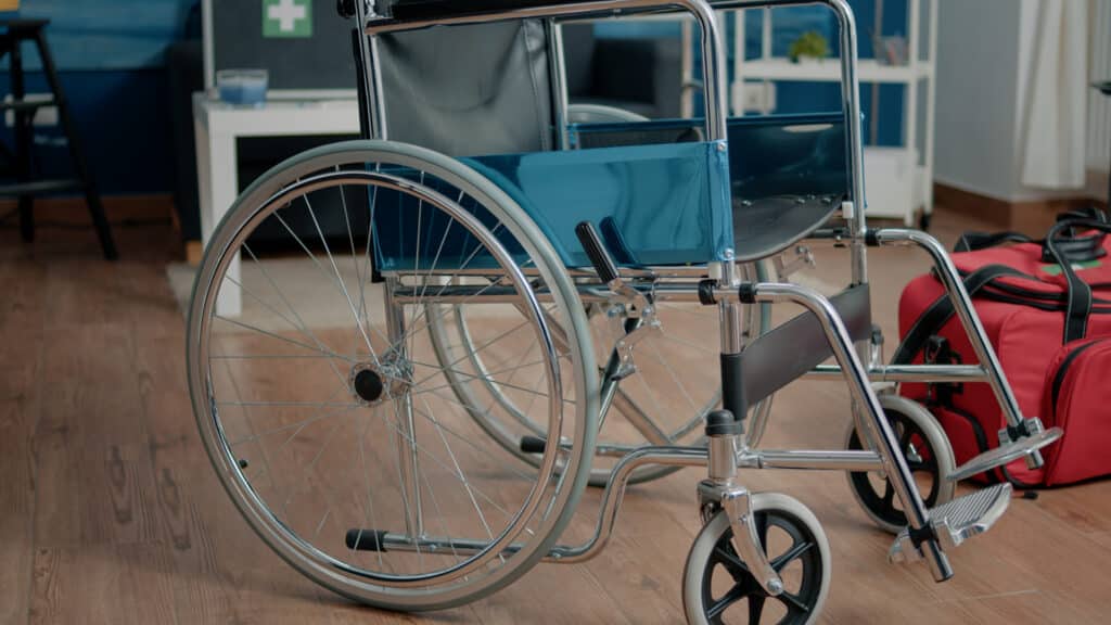 Close up of wheelchair in nursing home room for assistance